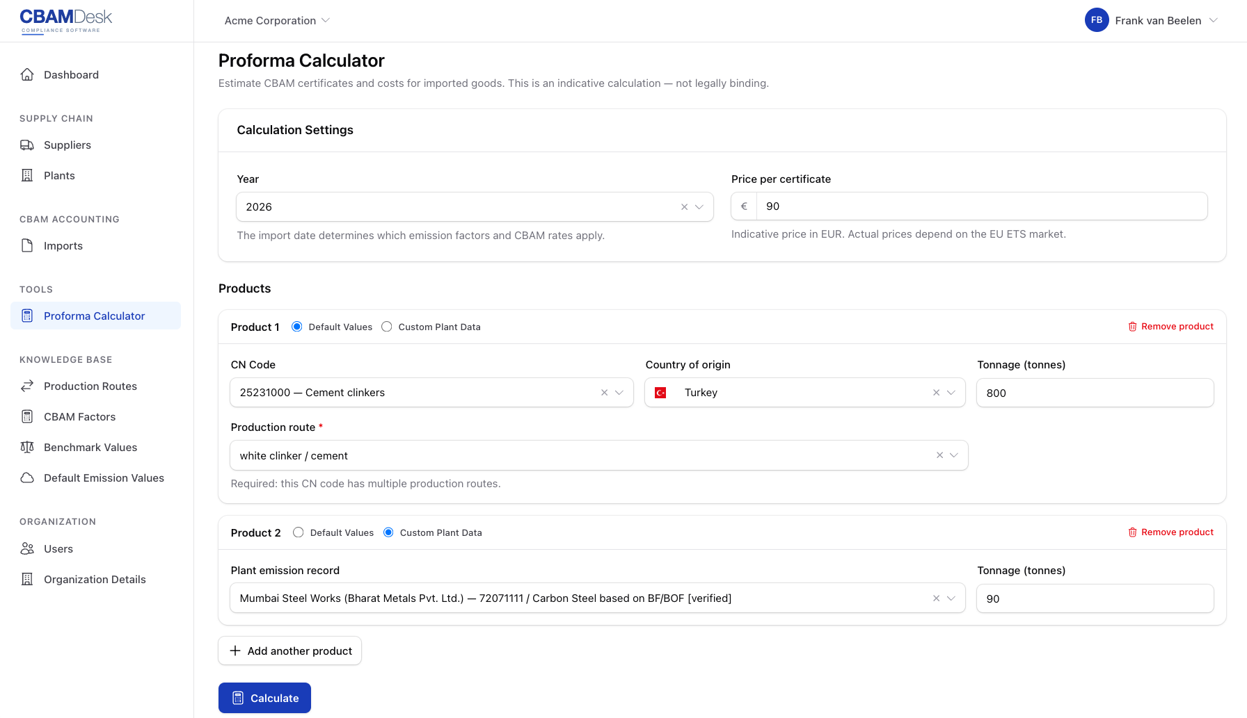 CBAM Desk proforma calculator for scenario modeling and quick carbon cost estimates