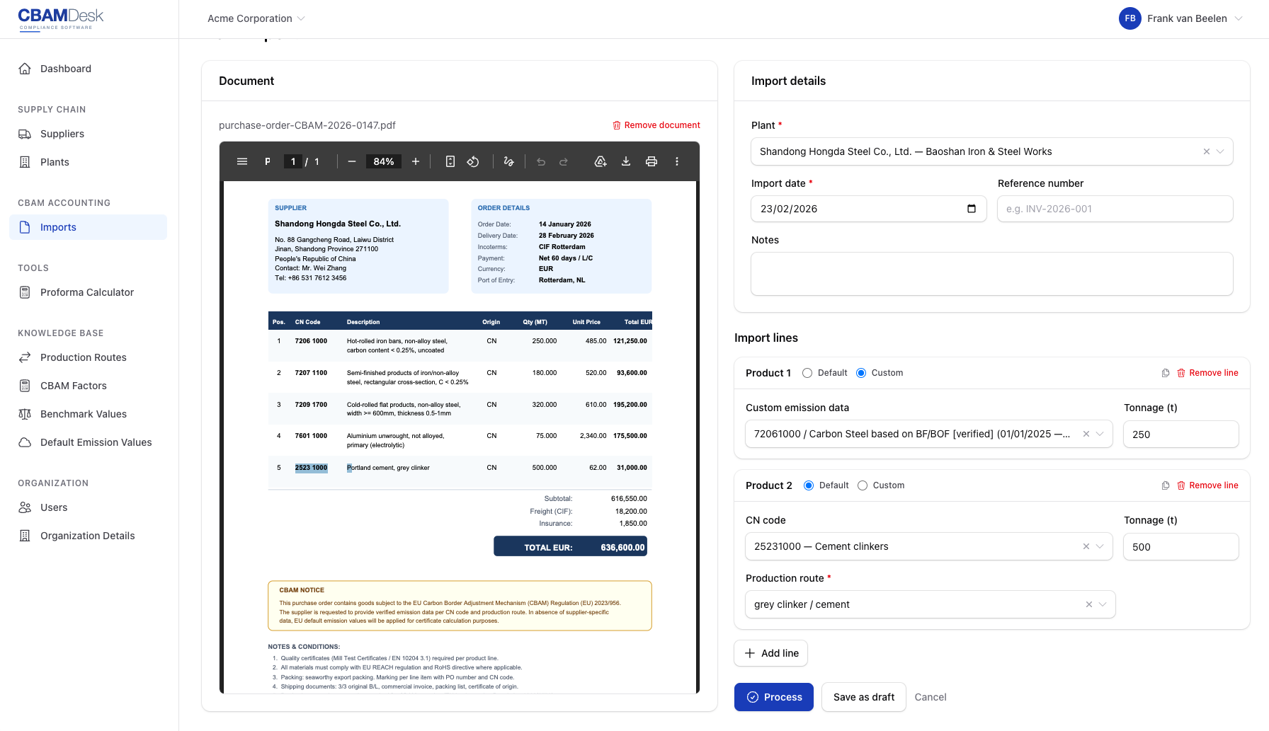 CBAM Desk import processing interface showing purchase order data entry and CBAM calculation